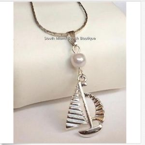 Silver Pearl Sailboat Necklace Nautical Island 18"